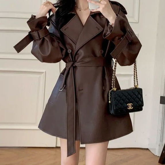 Brown Leather Jacket for Women 2025 Spring New Fashion Petite Leather Jacket Trench Coat Women New Style