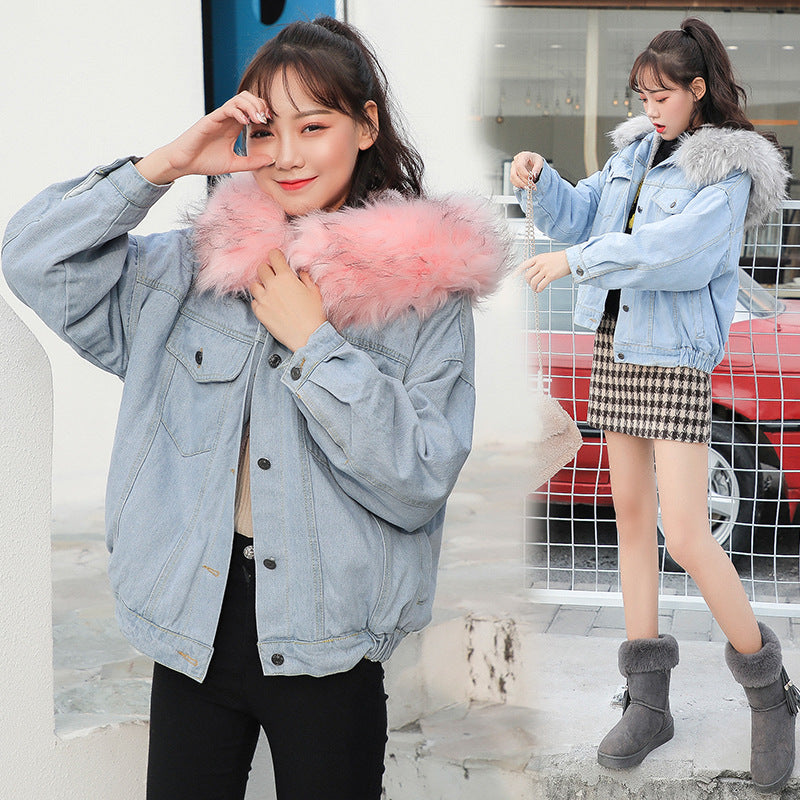 Women's Winter Short Jacket 2026 Korean Style Hooded Cotton-Padded Jacket Thickened Fleece Denim Jacket Women's Winter Thick Cotton Coat