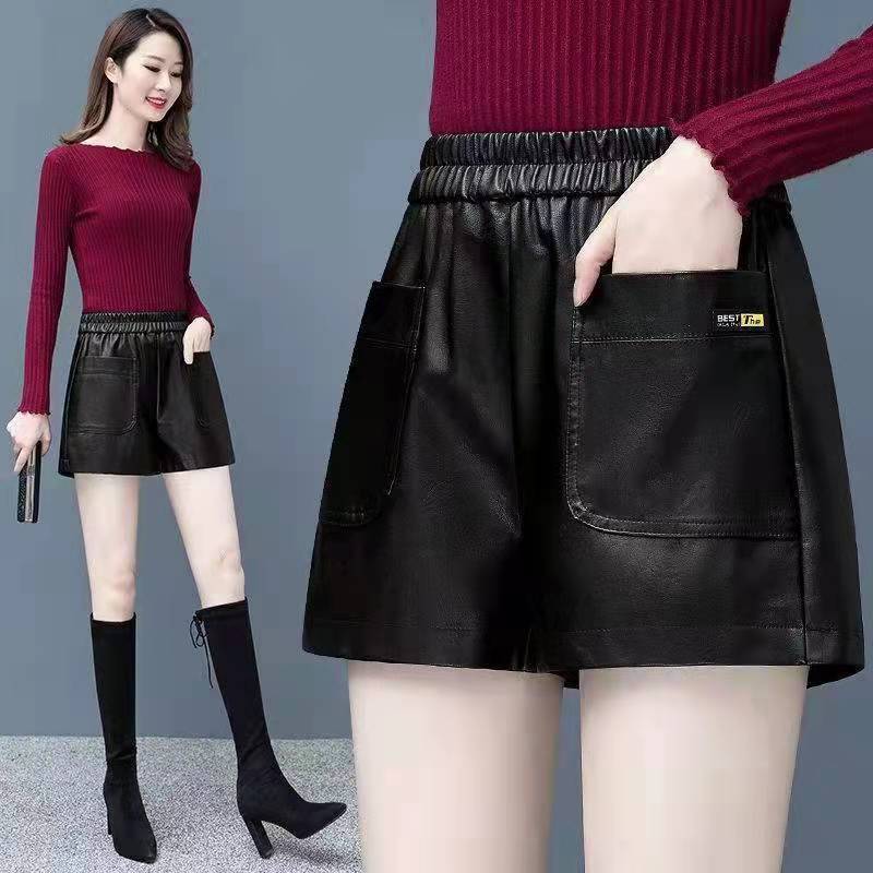 Leather Shorts for Women 2024 New Autumn and Winter High-waisted Slimming Look Black PU Leather Pants for Outer Wear with Boots