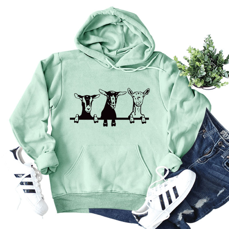 Amazon independent station wish European and American fashion sheep printing loose autumn and winter long sleeve large size hooded women's wholesale
