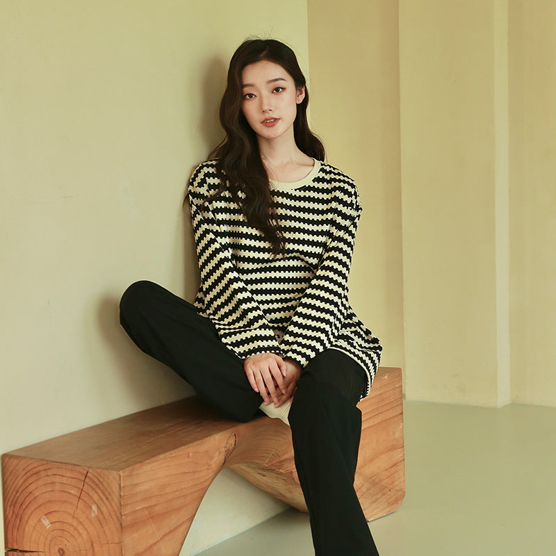 Women's Pajamas, Pure Cotton, Spring and Autumn Long-Sleeved Set, Large Size, High-End Striped Design, Can Be Worn Outside, with Chest Pads, Home Wear