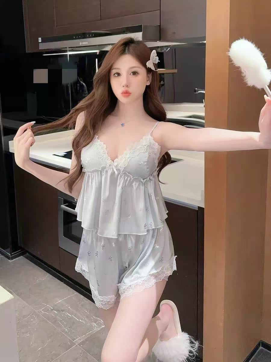 Pajamas for Women 2026 New Spring, Autumn and Summer Suspender-Style Ice Silk with Silver Bow, Padded Chest, Lace Homewear Set