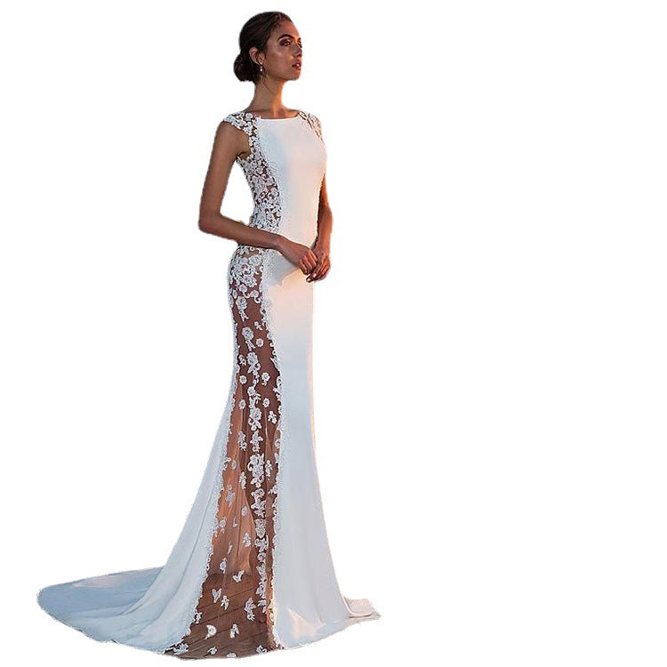 Cross-border European and American Evening Dress Lace Stitching Super Long Dress Vacation Sexy Hollow Female Amazon Factory