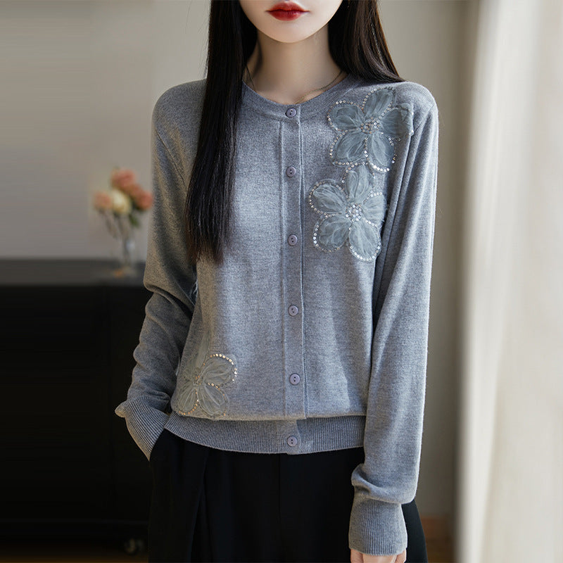 Spring and Autumn New Women's Worsted Wool Knitted Sweater Round Neck Three-dimensional Flower Knitted Cardigan Fashion Sweater Coat Top
