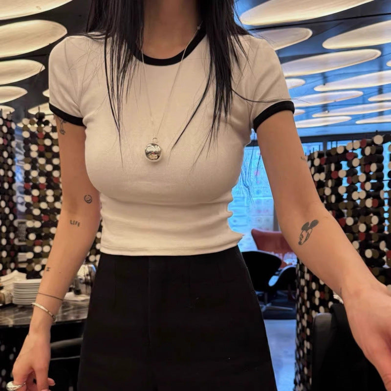 Women's Clothing Slim Round Neck Pullover Slim Fit Hemming Slim Short-Sleeved T-Shirt for Women