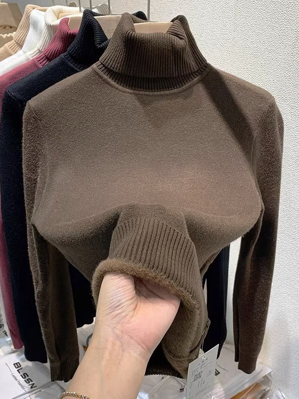 Thickened Fleece-Lined Thermal Sweater for Women, Autumn and Winter Ribbed High-Neck Long-Sleeve Knit Base Shirt