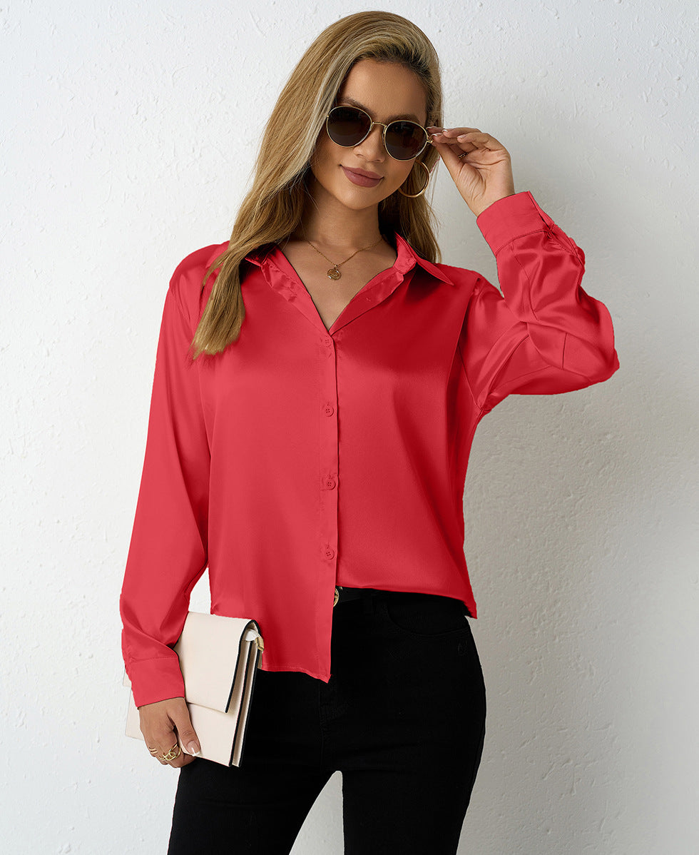 Real Shot of Cross-Border Women's Satin Shirts for Women, Simple V-Neck Cardigan Shirts, Amazon Women's Loose Tops