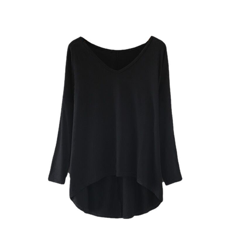 Spring New Style Front Short Back Long Large Size Loose Long Sleeve Base Shirt Bat Sleeve V-neck T-shirt Modal Top Women