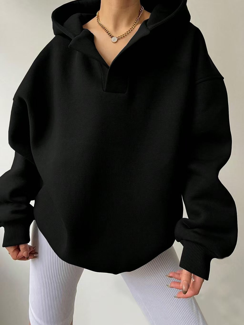 Cross-Border European and American Autumn and Winter Women's Sports Hoodies Long-Sleeved Hooded Solid Color Loose Large Size Fleece Sweatshirts Women's Tops