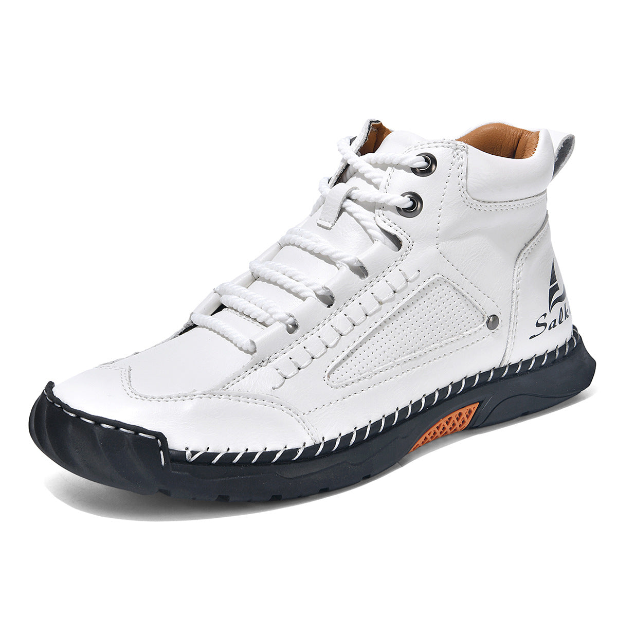 Cross-Border Plus-Size Men's Pu Leather Boots, Men's Fashion Handmade Stitched Ankle Boots, Flat Lace-Up Casual Shoes