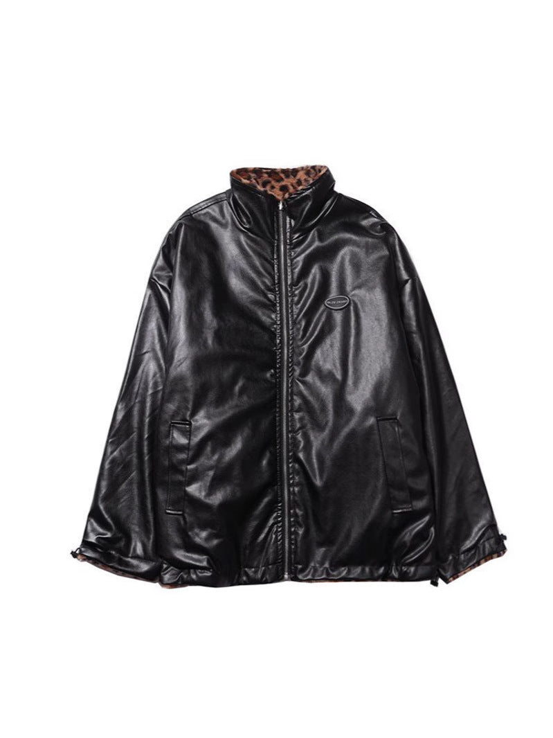 European and American Style 2025 Autumn and Winter New Women's Clothing Reversible Leopard Print Pu Leather Jacket Thickeneded Warm Plush Jacket Wholesale