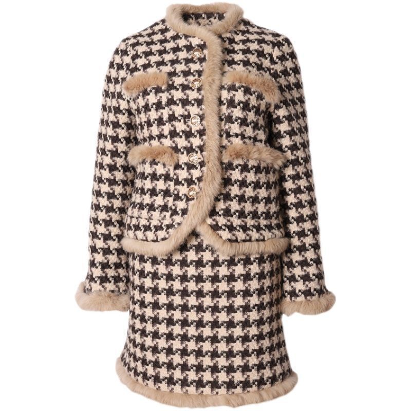 Plus-Size French-Style Houndstooth Fleece-Lined Thickened Coat for Women, 2025 Winter Warm Suspender Dress Set