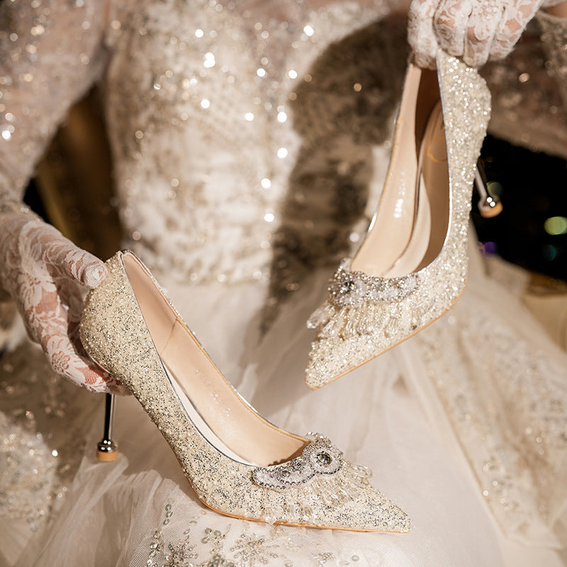 E888-152 High Heels Women's Stiletto Heels 2025 New Crystal Wedding Shoes Pointed Toe Rhinestone Shallow Mouth Flats Bridal Shoes