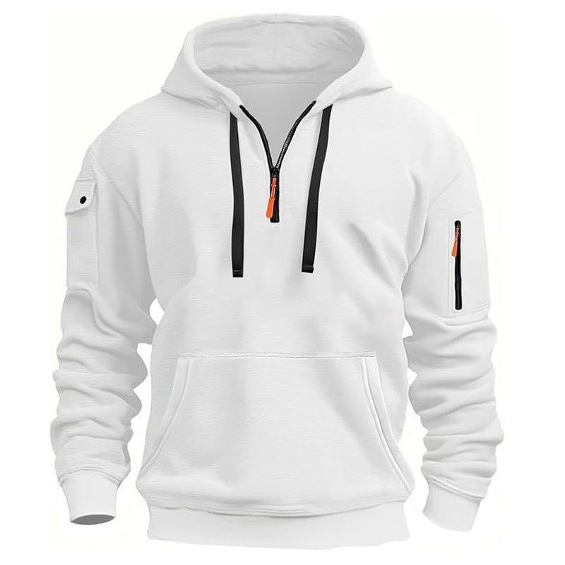 Casual Pullover Sweatshirt with Multiple Zipper Arm Pockets for Autumn and Winter, Large Size, Fleece-Lined Hoodie for Men