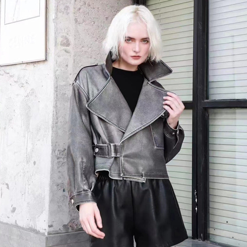 Vintage Leather Jacket Women's Short Korean Loose Motorcycle Leather Jacket New Fashion Hong Kong Style Old Puleather Jacket