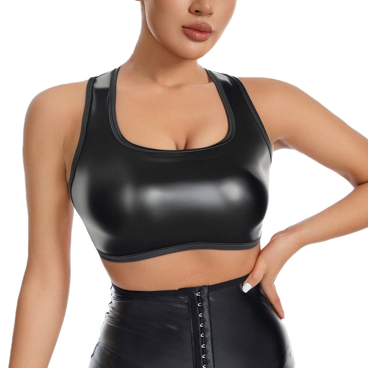 Cross-Border European and American Women's High-Waisted Buttoned Pants Black Leather Tummy Control Fitness Yoga Casual Body Shaping Butt-Lifting Pants