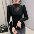 Real shot 2022 autumn and winter New Hot drilling mesh stitching sweater women's long sleeve hollow sweater slim base shirt
