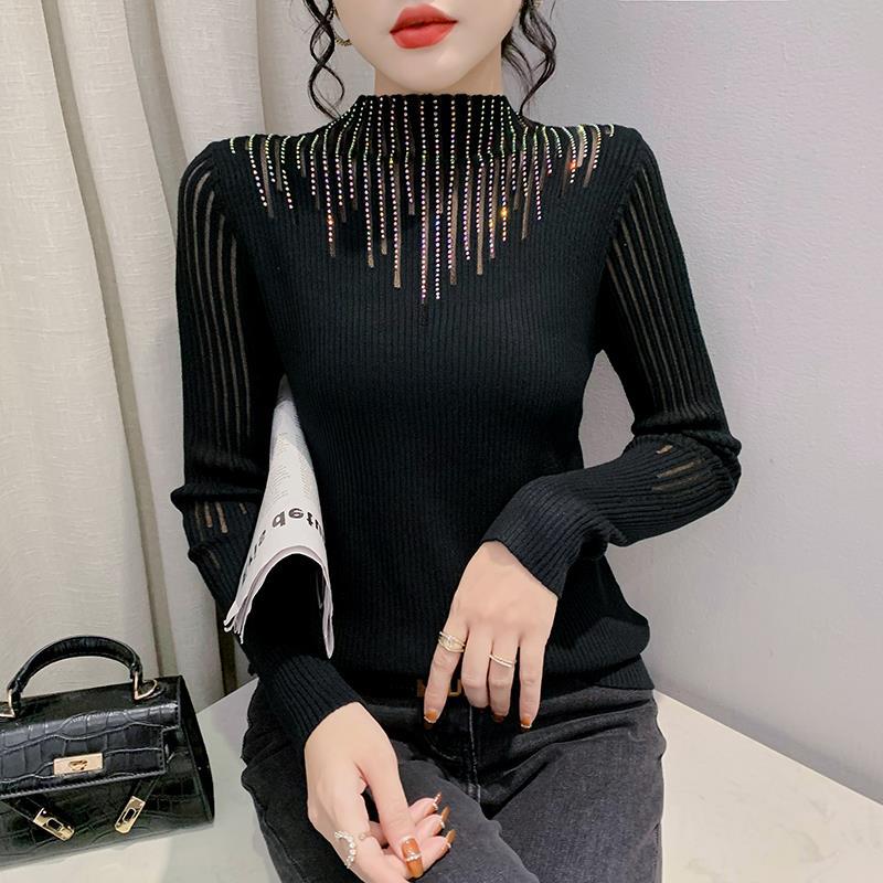 Real shot 2022 autumn and winter New Hot drilling mesh stitching sweater women's long sleeve hollow sweater slim base shirt