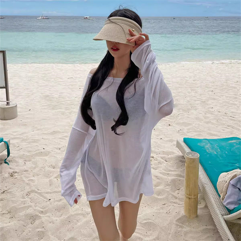 Beach Blouse Long-sleeved T-shirt Women's Spring and Autumn New Niche Seaside Vacation Outer Blouse Slightly Transparent All-match Top for Women