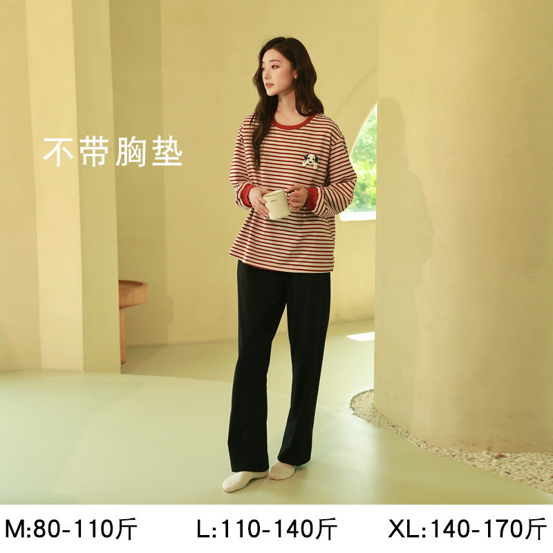 Women's Pajamas, Pure Cotton, Spring and Autumn Long-Sleeved Set, Large Size, High-End Striped Design, Can Be Worn Outside, with Chest Pads, Home Wear