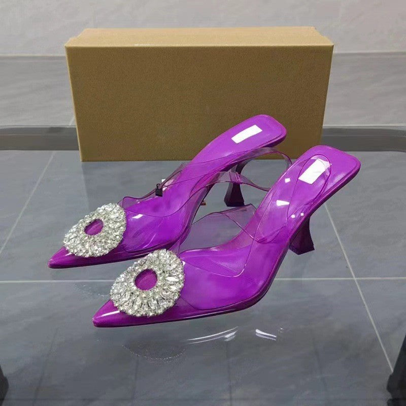 ZA High Heels 2024 Spring and Summer New PVC Fashion All-match Sandals Rhinestone Square Buckle Pointed French Temperament Single Shoes
