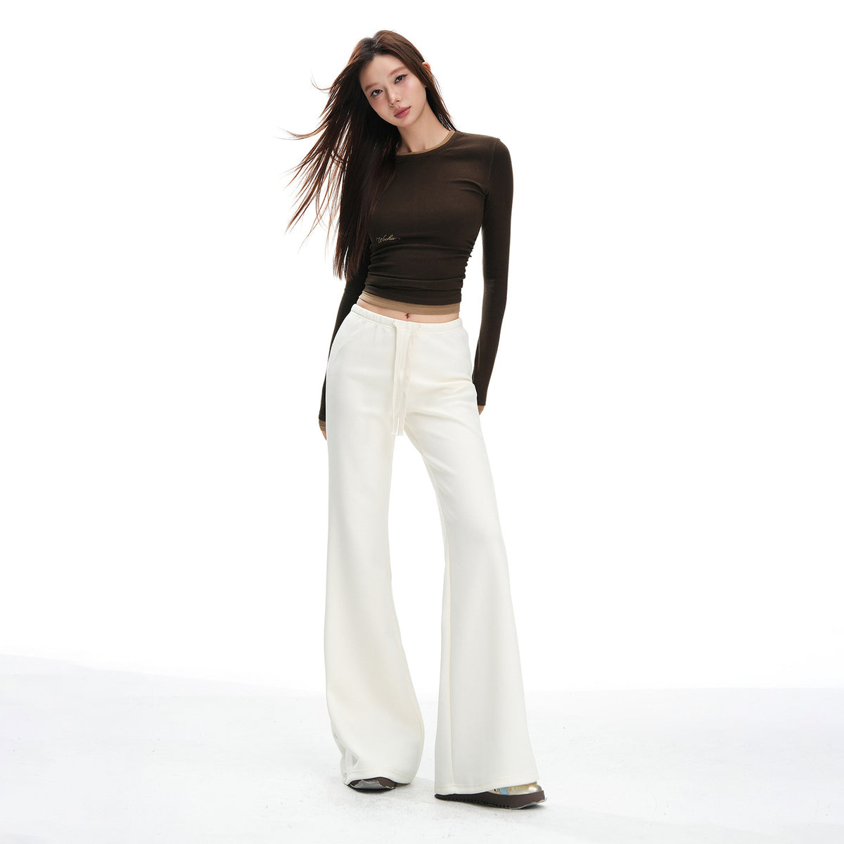 American Fashion Versatile Trendy Casual Pants for Women Early Autumn New Drawstring Mid-Waist Soft Drape Loose Flared Pants