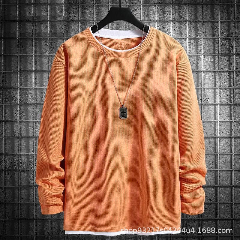 Waffles Sweaters Men's Long-sleeved Spring and Autumn Fake Two-piece Loose All-match Casual Round Neck Base Autumn Men's Top