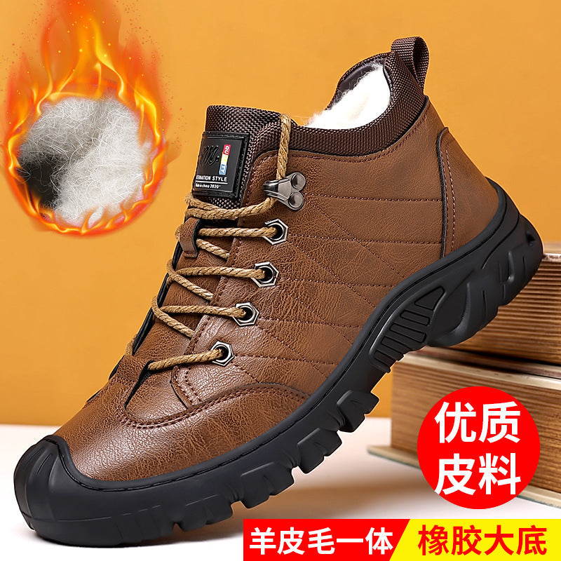 Winter New Men's Wool Warm Cotton Leather Boots Men's Online Sewing Lace-up Casual Leather Shoes Non-slip Wear-resistant Ankle Boots
