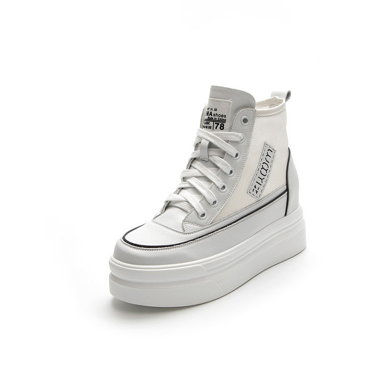 2025 Spring New Women's Mesh High-Top White Shoes with Hidden Heel, Korean Style Casual Platform Shoes