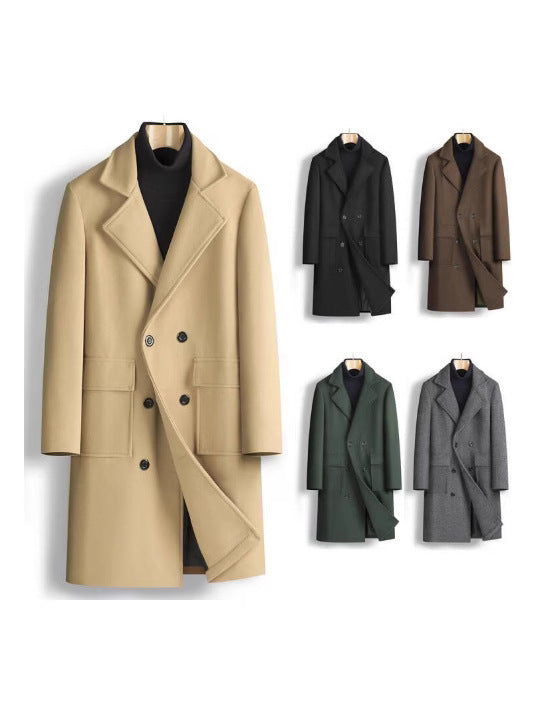 2025 spring new men's foreign trade double-breasted youth solid color casual long woolen coat fashionable trench coat