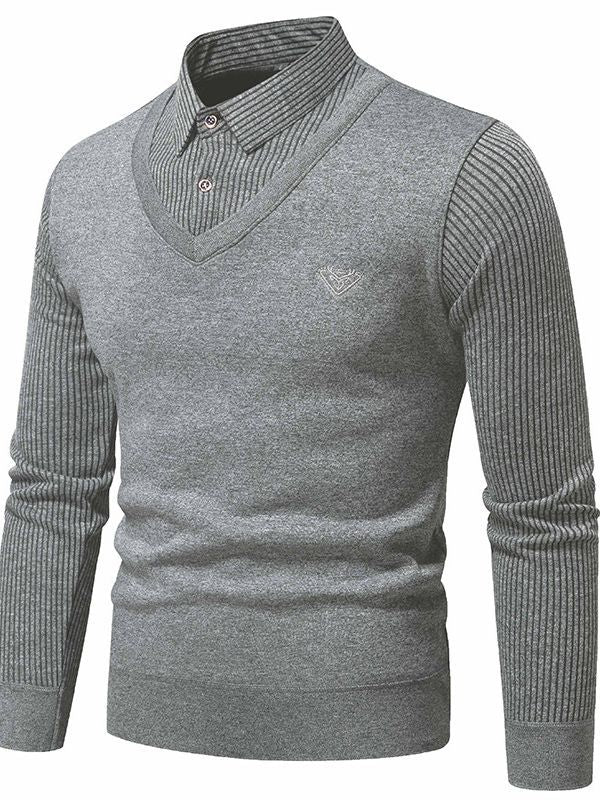 Foreign trade winter men's sweater sweater bottoming shirt fleece-lined fake two-piece shirt collar thickened warm cotton sweater men