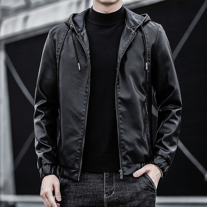 Men's Leather Jacket Cross-border Wholesale Factory Amazon Leather Men's Hooded Slim Fit Korean Motorcycle Casual Jacket