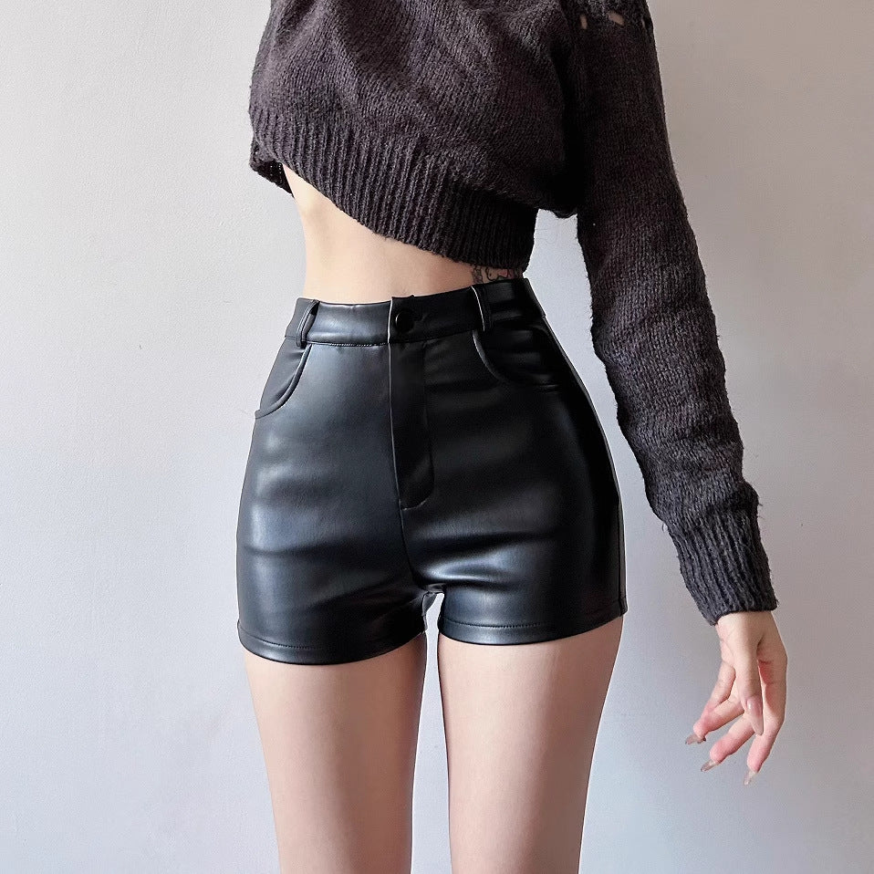 Black Leather Shorts for Women, Spring and Autumn 2026 New Korean Style, High-Waisted, Sexy, Fashionable Suit-Style Boot Shorts