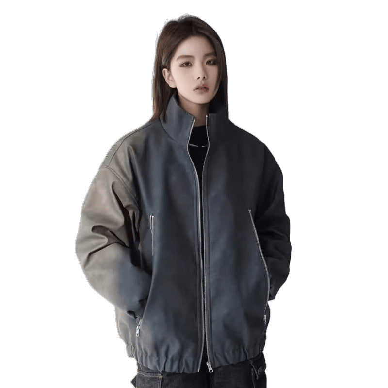 Men's and women's American style retro distressed PU leather cotton-padded jacket women's 2024 new winter cotton padded coat