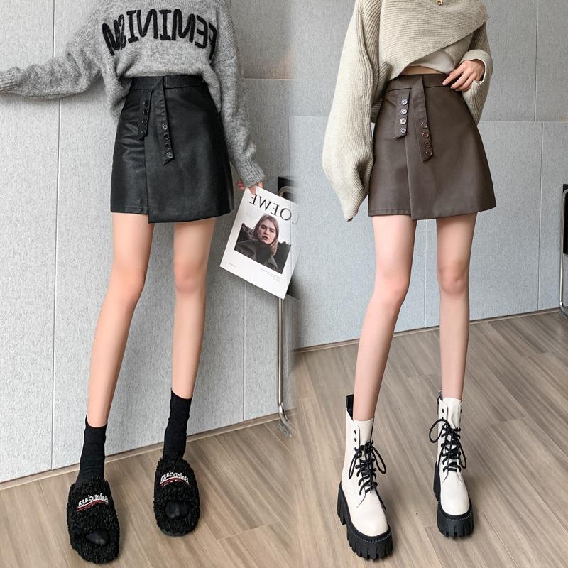 Women's Leather Skirt 2026 Autumn and Winter New Style Irregular High-Waisted Slimming Pu Leather Skirt Versatile with Built-In Shorts