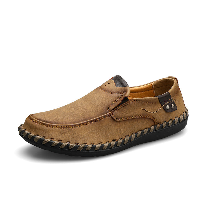 48 Large Size Low-Top Loafers for Men, Genuine Leather Hand-Stitched Slip-On Moccasins, Rubber Non-Slip Work Shoes