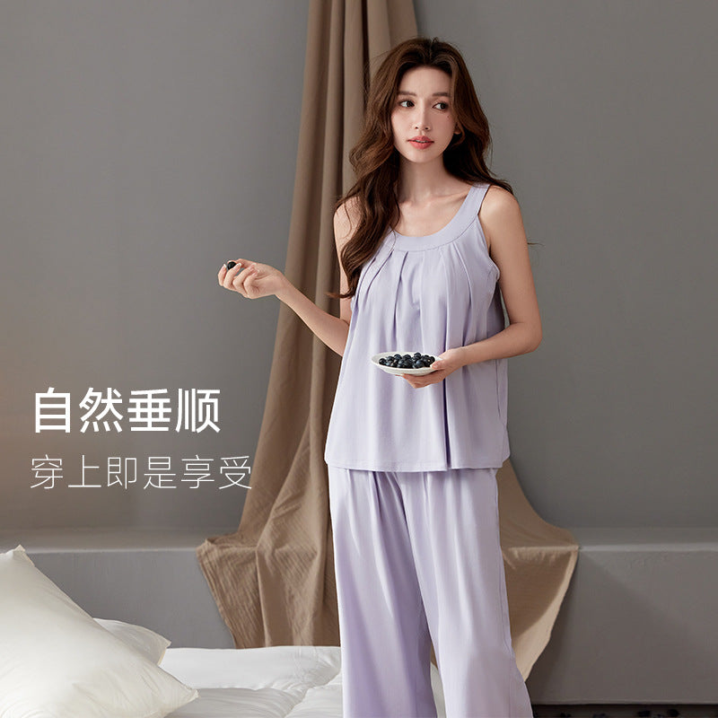 [with Breast Pad] Summer Suspender Pajamas for Women Sweet Solid Color Home Clothes Summer Thin Women's Pajamas Two-Piece Set