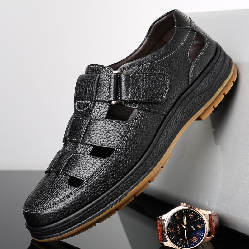 Summer Sandals Men's Leather Business Casual Hollow Hole Shoes Men's Breathable Dad Shoes Soft Sole Anti-slip Leather Sandals