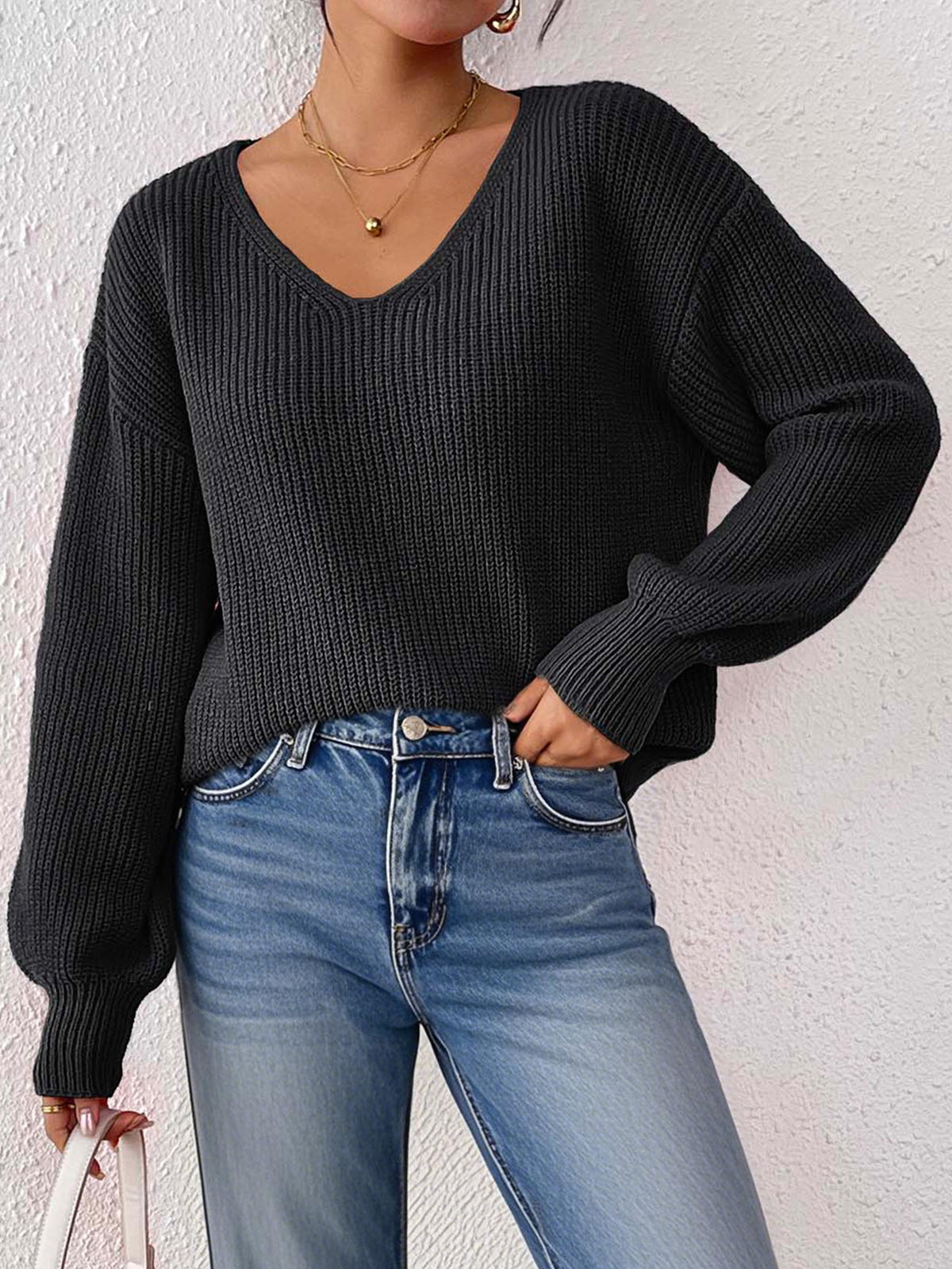 European and American Women's Clothing Cross-Border Sweaters Autumn and Winter V-Neck Casual Pullover Tops Women's Knitted Loose Sweaters Wholesale