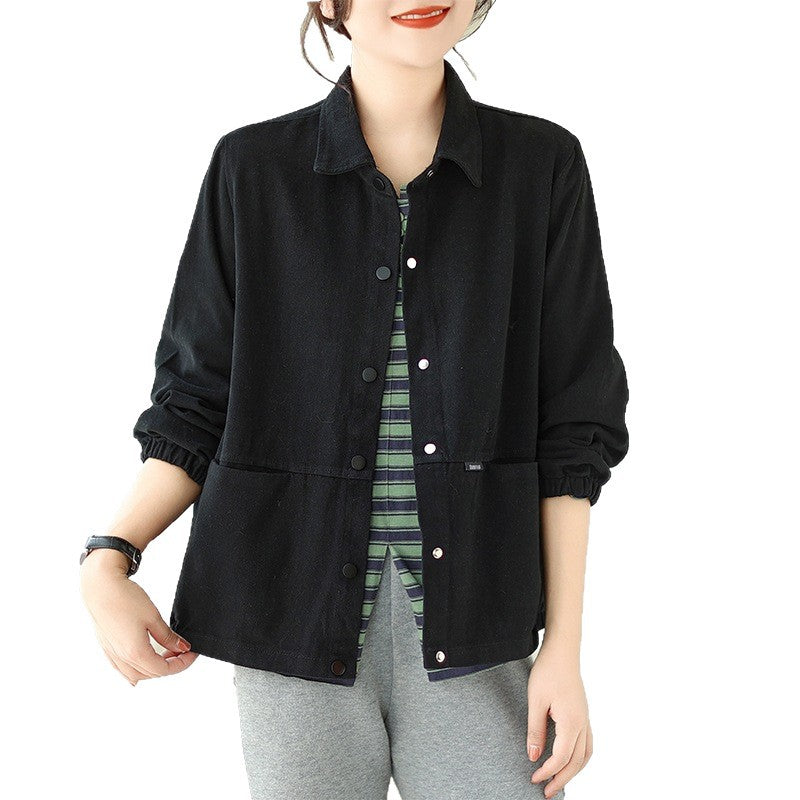 Real Shot of Cotton Jacket Women's Lapel Casual Versatile Loose Slimming Korean Style Autumn New Solid Color Long-Sleeved Jacket for Women