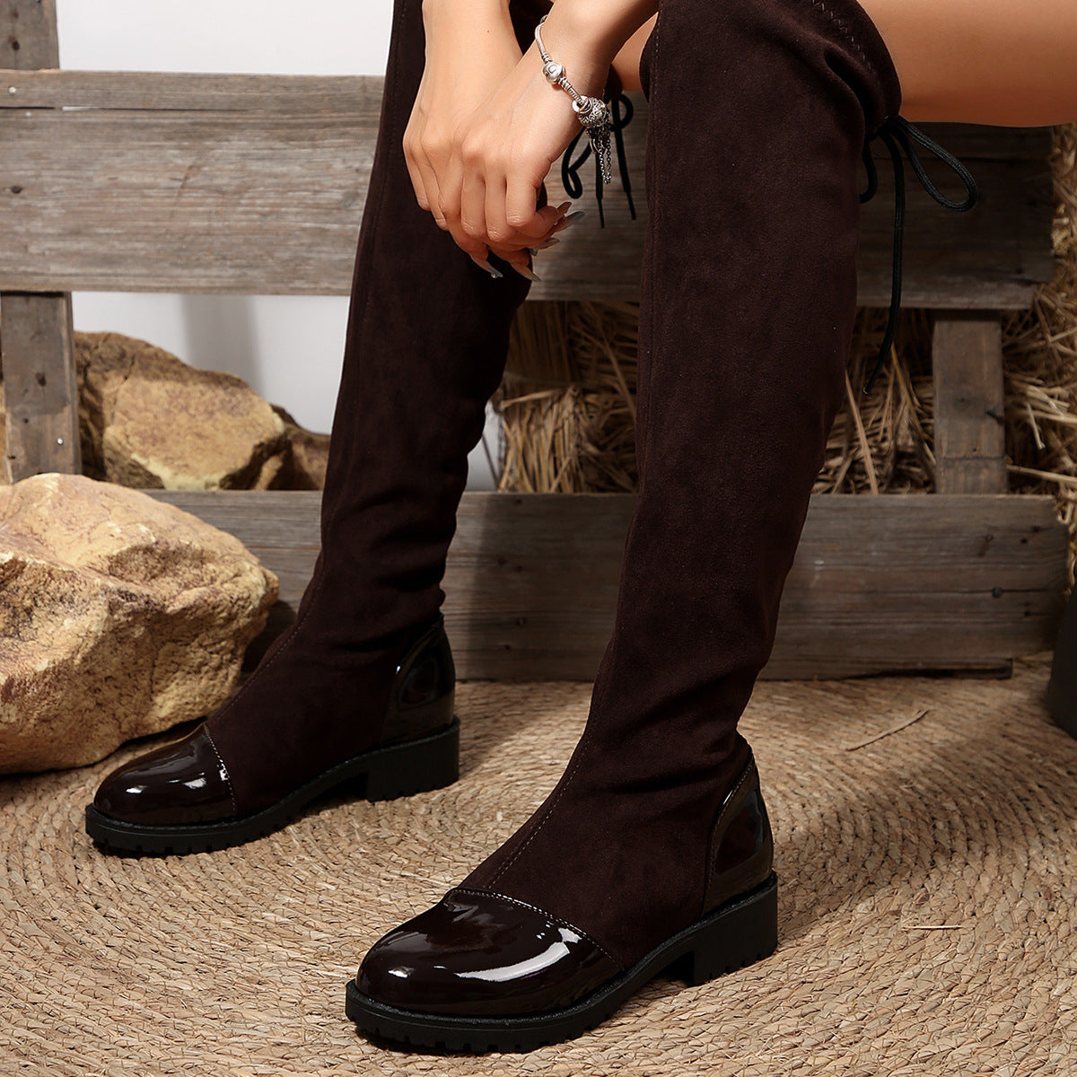 Plus Size Over-The-Knee Boots for Women 2025 Autum New Round-Toe Back Lace-Up Mid-Heel Elastic Boots Slimming Look High Boots