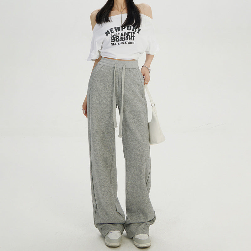 White Wide-Leg Pants for Women, 2025 Autumn and Winter New Style, Fleece-Lined, Thickened, Straight-Leg, Loose, High-Waisted, Slimming, Sporty Casual Pants