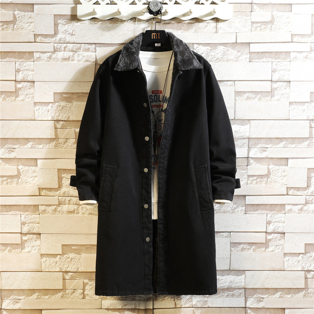 Men's Denim Trench Coat, Mid-Length, Autumn and Winter, Japanese Style, Trendy Brand, Plus Size, Vintage, Loose Fit, Fleece-Lined, Turn-Down Collar Jacket