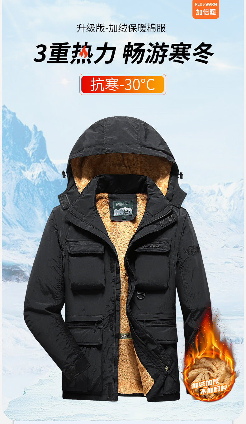 Removable Sleeve Cotton-padded Clothes Men's plus size Coat Men's Winter Warm Multi-pocket Work Coat Charge Cotton-padded Jacket Men's