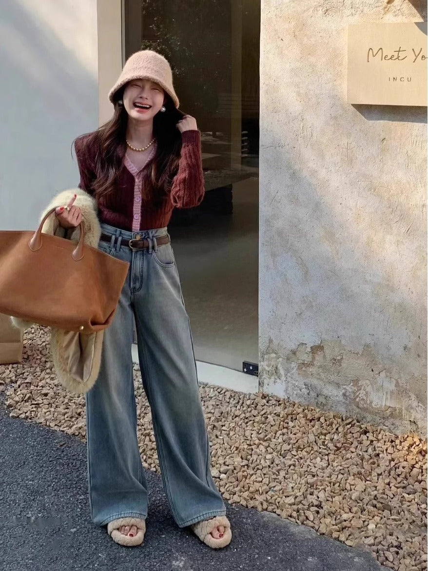 Light-Colored Wide-Leg Jeans for Women, High-Waisted and Drapey, 2025 Spring New Style, Fashionable, Simple, Loose, Slimming Straight-Leg Pants