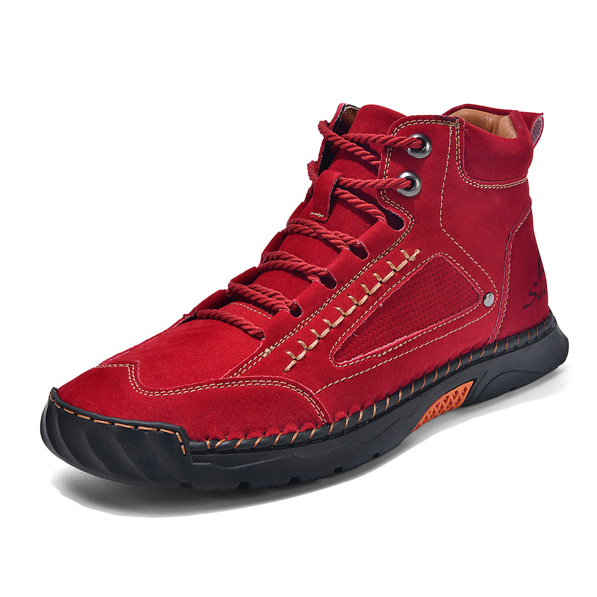 Cross-Border Plus-Size Men's Pu Leather Boots, Men's Fashion Handmade Stitched Ankle Boots, Flat Lace-Up Casual Shoes