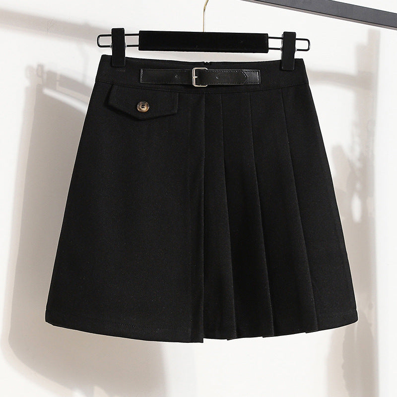 Real Shot of Autumn and Winter Skirts, Plus Size Woolen Jk High-Waisted Skirts, Petite Pleated Skirts, Black Culottes
