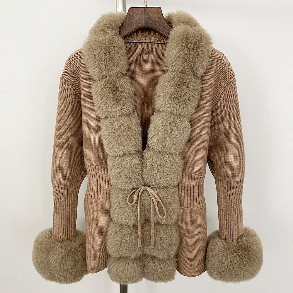 Women's Knitted Sweater 25 Spring Knitted Cardigan Imitation Fox Fur Coat Women's New Style Short Sweater Women