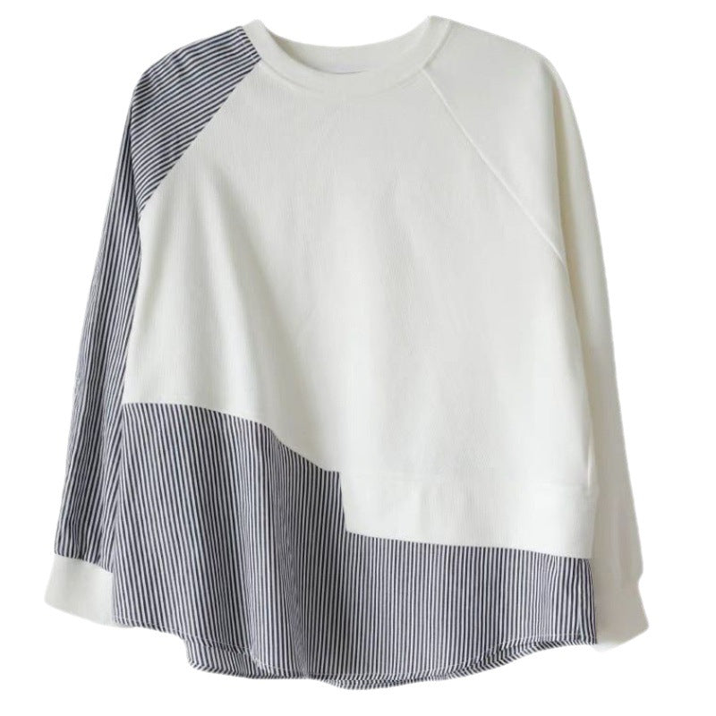 Eclectic Design Sense Niche Stitching Round Neck Sweater Women's Spring and Autumn New Irregular Striped Loose Cotton Top