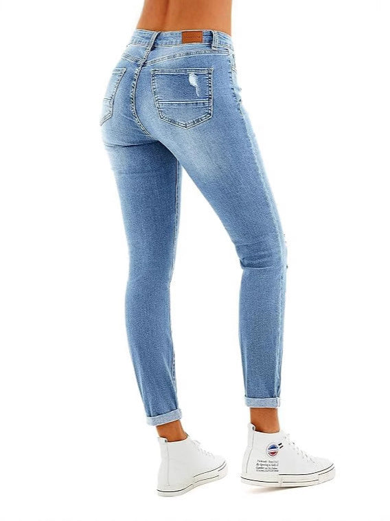 2025 Amazon European and American Cross-Border Spring and Summer New Casual Fashion Washed Ripped Mid-Waist Jeans for Women in Stock
